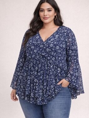 torrid Navy Floral V-Neck Ruffled Peplum Blouse NWT 1X & 3X AVAIL.